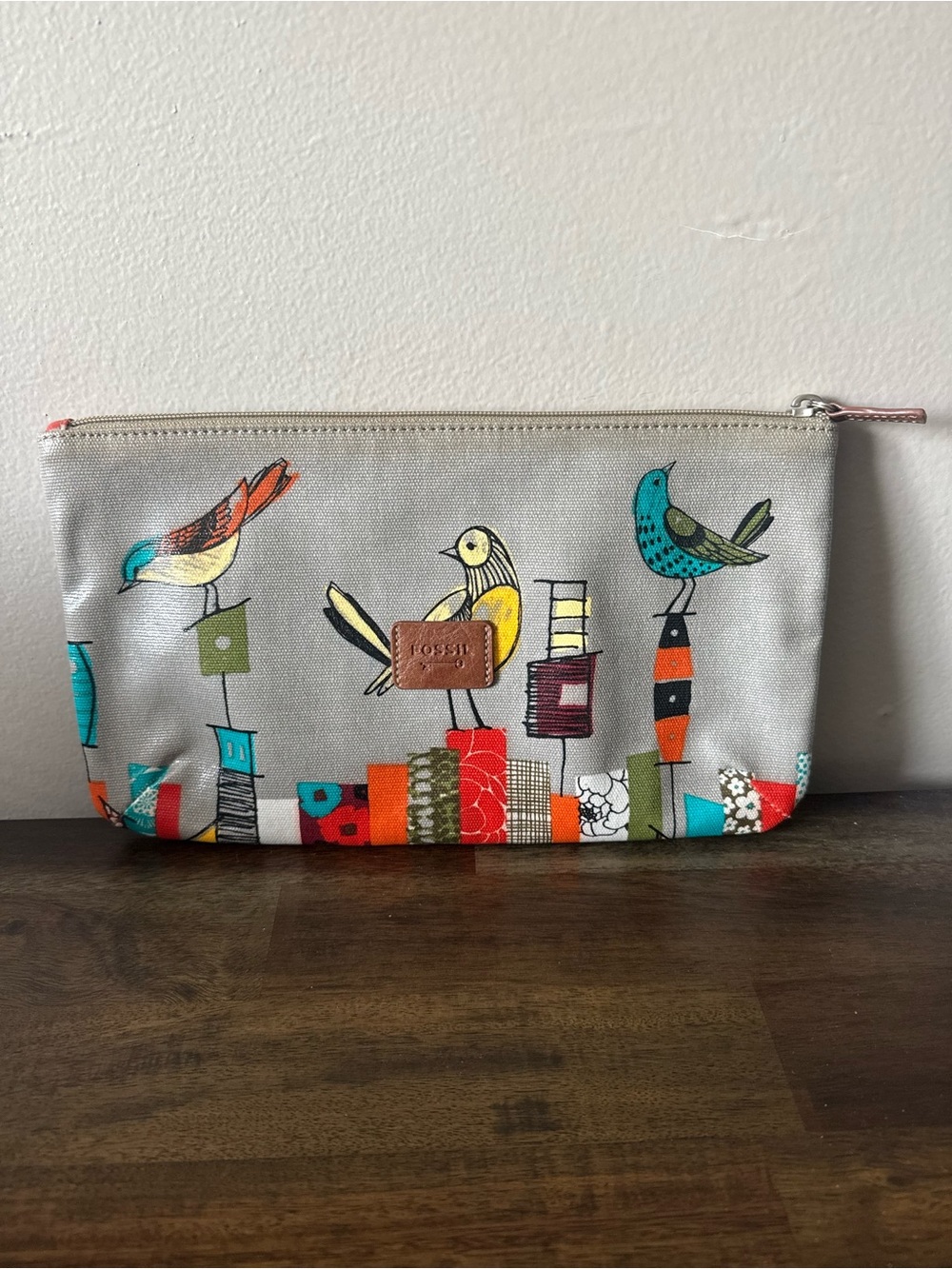 Fossil Key-Per Canvas Coated Blue Birds Clutch Purse Cosmetic Bag Rare